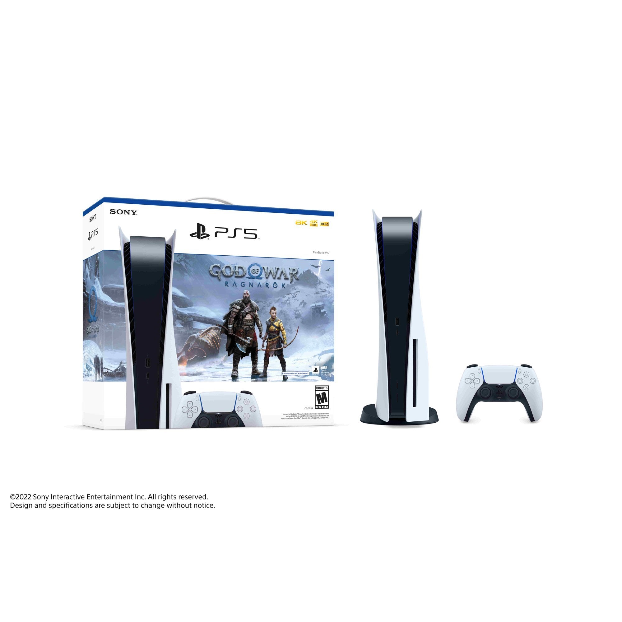 PlayStation 5 Disc Edition God of War Ragnarok Bundle with Two Controllers White and Cosmic Red DualSense and Mytrix Dual Controller Charger
