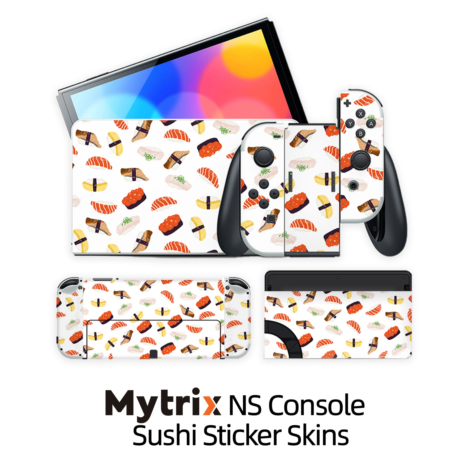 2022 New Nintendo Switch OLED Model Neon Red Blue with Hyrule Warriors: Age of Calamity and Mytrix Full Body Skin Sticker for NS OLED Console, Dock and Joycons - Sushi Set